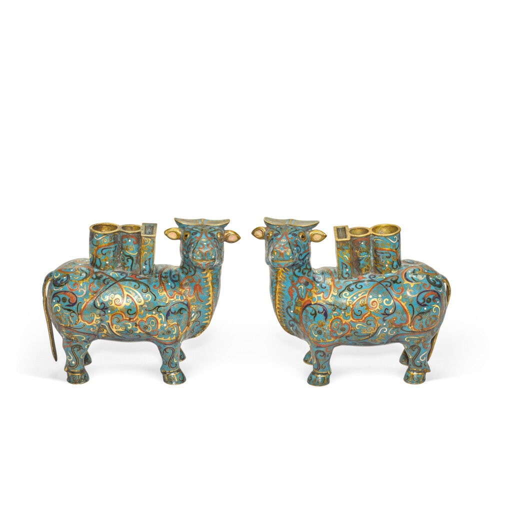 View full screen - View 1 of Lot 950. A pair of cloisonné enamel 'ox' incense holders, Qing dynasty.