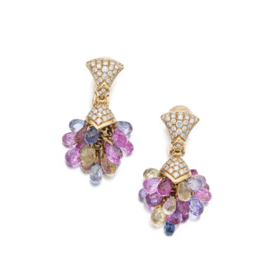 View full screen - View 1 of Lot 400. Pair of Gold, Sapphire and Diamond Earclips.