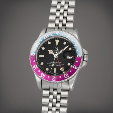 View full screen - View 1 of Lot 65. 'Fuchsia' GMT-Master, Reference 1675 | A stainless steel dual time wristwatch with date and bracelet | Circa 1969.