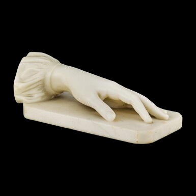 View full screen - View 1 of Lot 2022. A life-size carved statuary marble hand of a lady with ruffled sleeve, possibly by Alexander Munro (1825-1871) executed as a study of the hand of the artist Henrietta Ward (1832-1924) 19th century | 十九世紀 大理石雕女性左手 或乃亞歷山大・孟洛(1825-1871年)臨摹畫家亨麗埃塔.沃德(1832-1924年)玉手之習作.