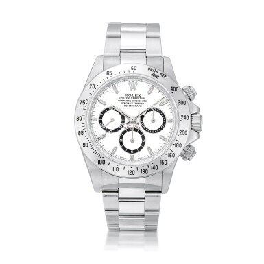 View full screen - View 1 of Lot 8237. Cosmograph Daytona, Reference 16520 | A stainless steel chronograph wristwatch with bracelet, Circa 1997| 勞力士 Cosmograph Daytona 型號16520 | 精鋼計時鏈帶腕錶,約1997年製.