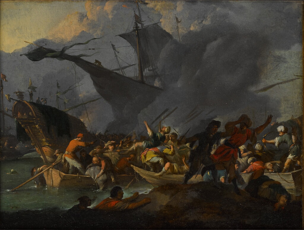 View full screen - View 1 of Lot 126. The Battle of Lepanto, 1571, with crowded boats and men struggling to shore in the foreground.