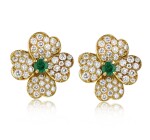 VAN CLEEF & ARPELS | PAIR OF EMERALD AND DIAMOND 'COSMOS' EARCLIPS, FRANCE
