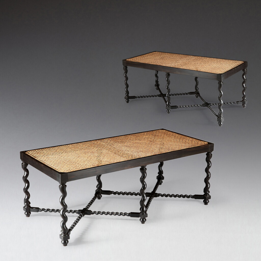 View full screen - View 1 of Lot 45. A pair of Louis XIII-style ebony caned benches, circa 2000 | Paire de banquettes cannées en ébène, dans le goût Louis XIII, vers 2000.
