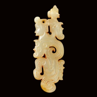 View full screen - View 1 of Lot 30. A VERY RARE JADE 'HUMAN-DRAGON' PENDANT WESTERN ZHOU DYNASTY | 西周 人龍合璧玉珮.