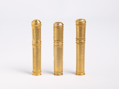 View full screen - View 1 of Lot 170. A group of three two-colour gold étuis à cire, the frist two Paris, 1782-1789, the third Paris, 1774-1780 | Groupe de trois étuis à cire en or de deux couleurs, les deux premiers Paris, 1782-1789, le dernier Paris, 1774-1780.