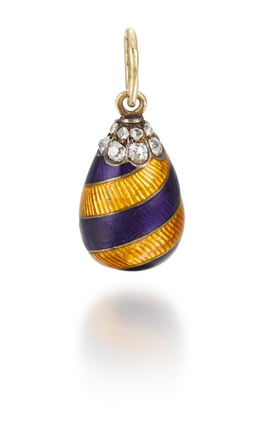 View full screen - View 1 of Lot 7. A Fabergé jewelled gold and guilloché enamel egg pendant in the racing colours of Leopold de Rothschild, workmaster August Hollming, St Petersburg, circa 1910.