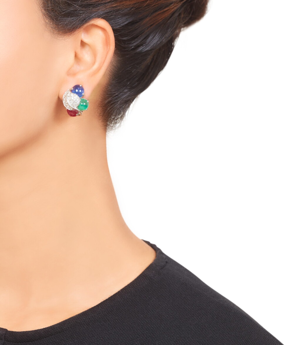 View full screen - View 1 of Lot 465. Seaman Schepps | Pair of Ruby, Emerald, Sapphire and Diamond Earclips.