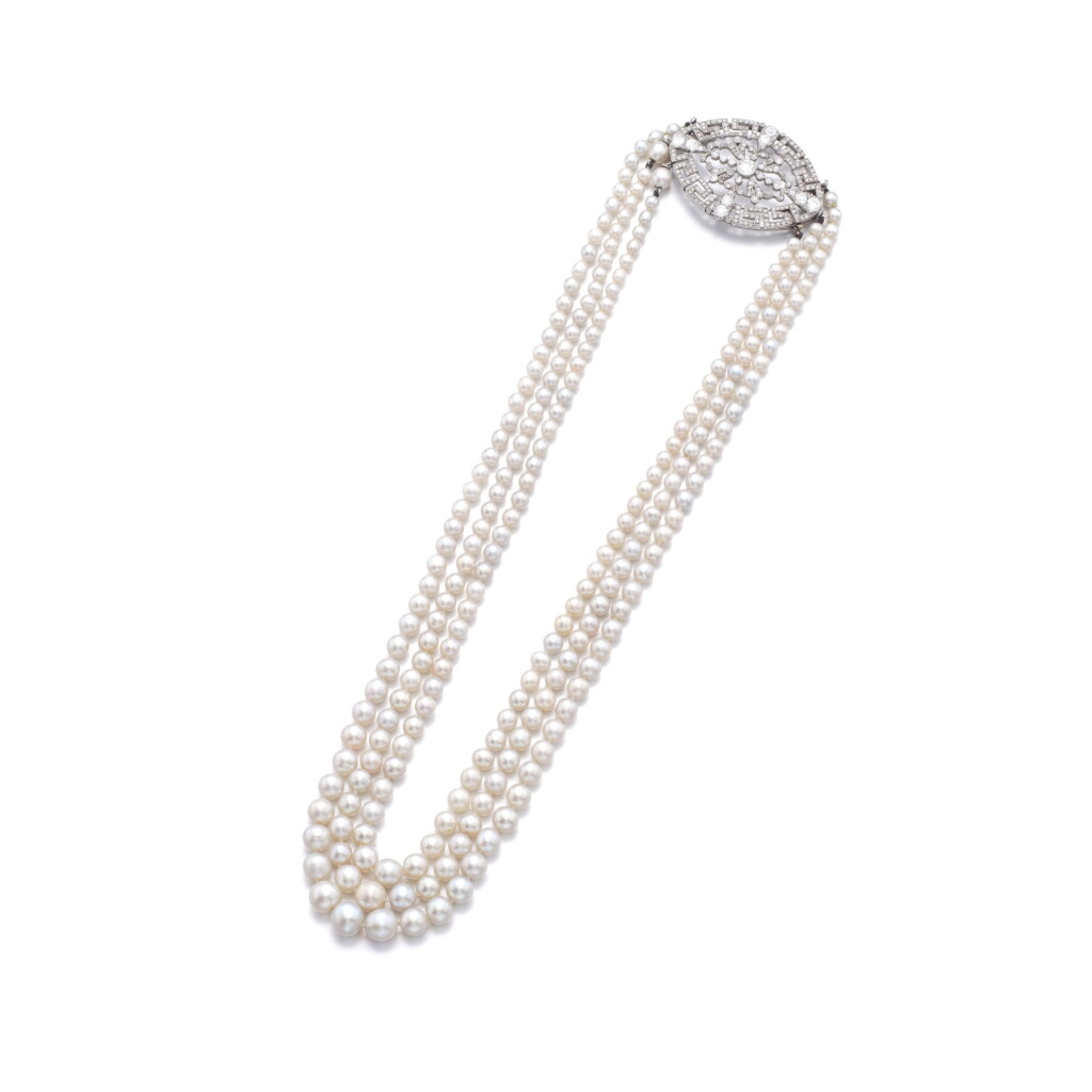 View full screen - View 1 of Lot 785. Natural pearl and diamond necklace.