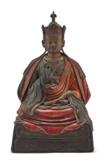 A POLYCHROME WOOD FIGURE OF PADMASAMBHAVA, TIBET, 16TH – 17TH CENTURY | 十六至十七世紀 藏傳木雕彩繪蓮花生大師坐像