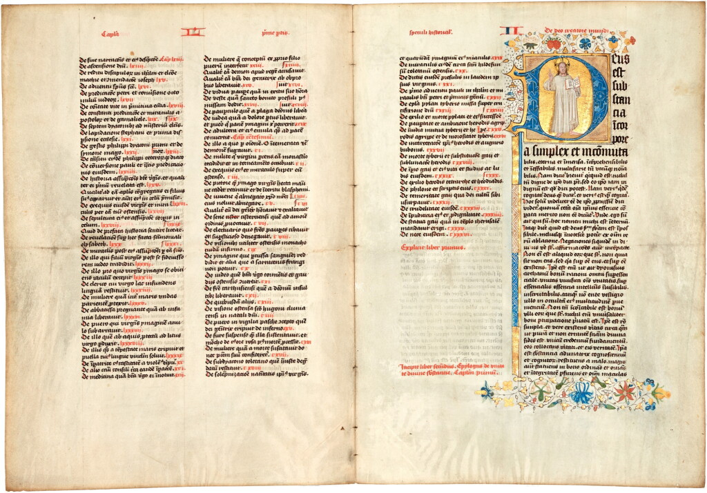 View full screen - View 1 of Lot 28. Illuminated Bifolium, C15th | Vincent Beauvais, Speculum historiale in Latin bifolium on vellum with large illuminated historiated initial, Netherlands, c.1430.