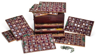 View full screen - View 1 of Lot 215. A GEORGE III MAHOGANY INLAID COLLECTORS CABINET CONTAINING A LARGE COLLECTION OF COINS AND MEDALS, ASSEMBLED IN THE 18TH AND 19TH CENTURY.