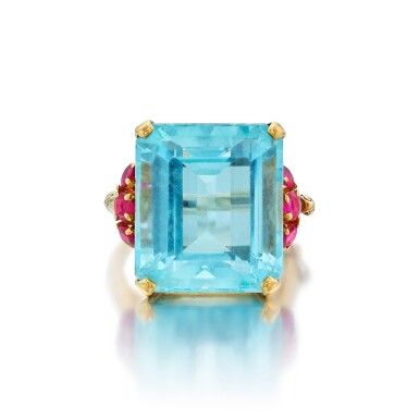 View full screen - View 1 of Lot 212. Aquamarine and Ruby Ring.