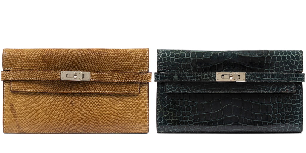 View full screen - View 1 of Lot 741. Set of Two: Bleu Tempête Shiny Mississippiensis Alligator Kelly Wallet Palladium Hardware, 2014 and Ficelle Niloticus Lizard Kelly Wallet Palladium Hardware, Circa 2010.