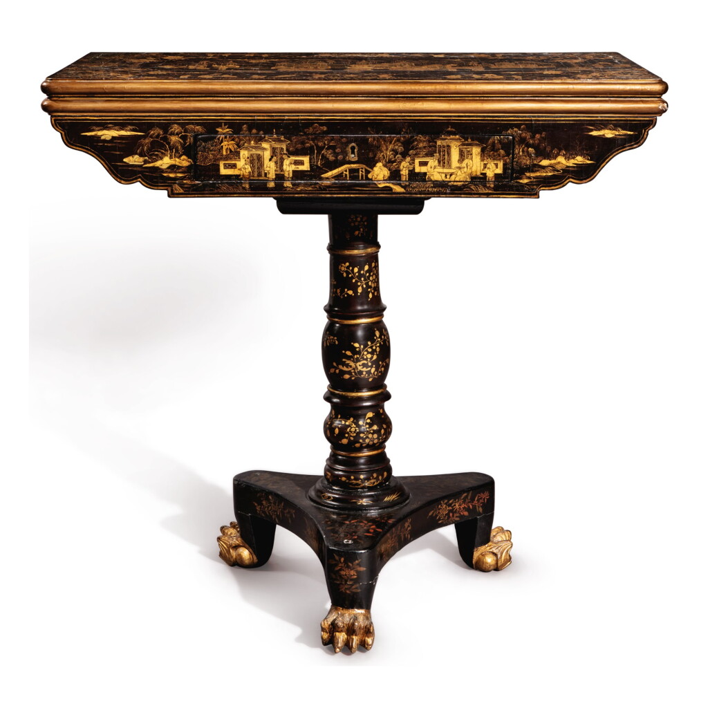View full screen - View 1 of Lot 560. A CHINESE EXPORT GOLD AND BLACK LACQUER GAMES TABLE, 19TH CENTURY.