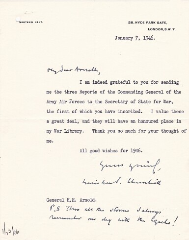 View full screen - View 1 of Lot 65. Winston S. Churchill | Typed letter signed ("Winston Churchill") to Lieutenant General H.H. (”Hap”) Arnold, 7 January 1946.