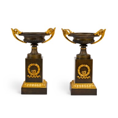 View full screen - View 1 of Lot 222. A Pair of Louis-Philippe Patinated and Gilt-Bronze Tazze, Circa 1830.