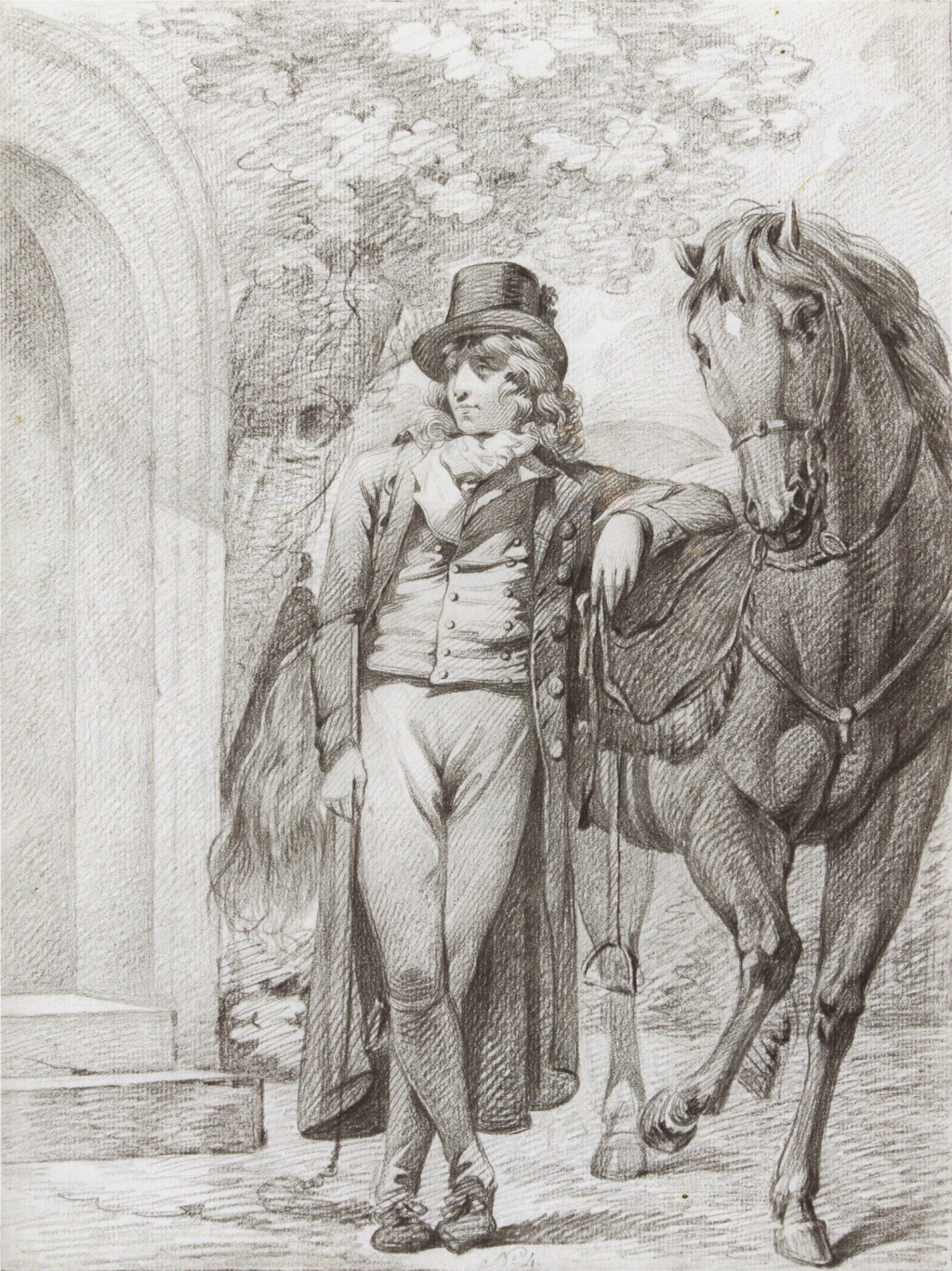 View full screen - View 1 of Lot 140. A gentleman standing beside his horse.