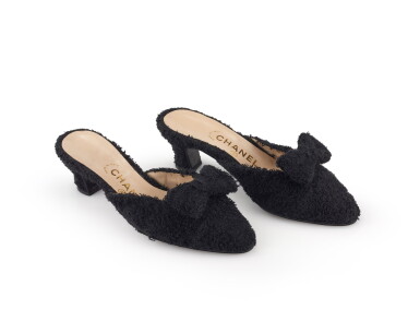 View full screen - View 1 of Lot 11. CHANEL | BLACK TERRY CLOTH MULES .