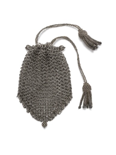 View full screen - View 1 of Lot 112. A silver chainmail drawstring purse, early 19th century.