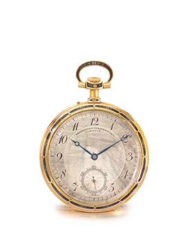 View full screen - View 1 of Lot 112. VACHERON CONSTANTIN | A YELLOW GOLD AND ENAMEL OPEN FACED WATCH CIRCA 1920.