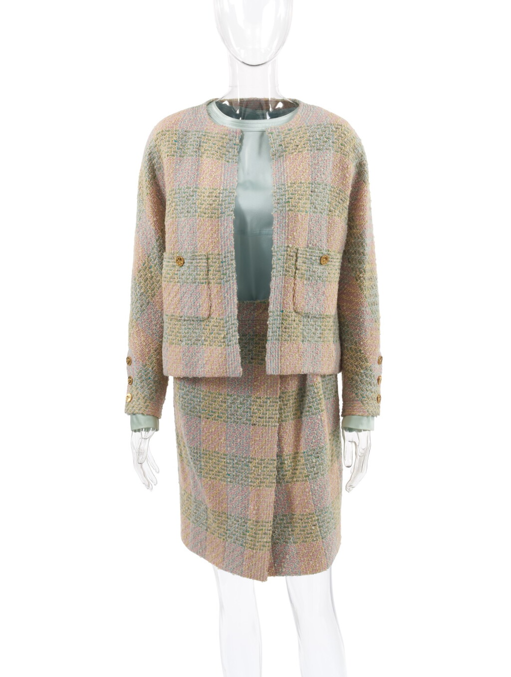 View full screen - View 1 of Lot 124. CHANEL | MULTICOLOR WOOL TWEED SKIRT SUIT AND SILK BLOUSE.