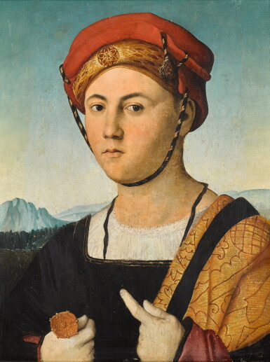 View full screen - View 1 of Lot 109. Portrait of a man, half-length, wearing a red hat and gold brocade cloak, holding a dagger, a landscape beyond .
