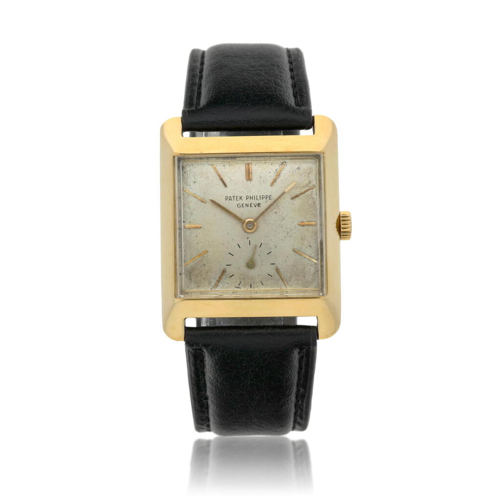 View full screen - View 1 of Lot 78. Reference 2488 A yellow gold rectangular wristwatch, Circa 1951.