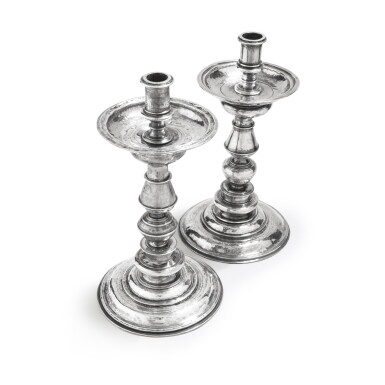 View full screen - View 1 of Lot 510. A pair of South American large silver candlesticks, probably Bolivia, circa 1720 | Paire de grands flambeaux en argent, probablement Bolivie, vers 1720.