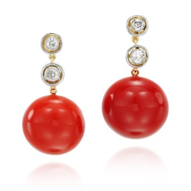 View full screen - View 1 of Lot 58. PAIR OF CORAL AND DIAMOND EARRINGS.