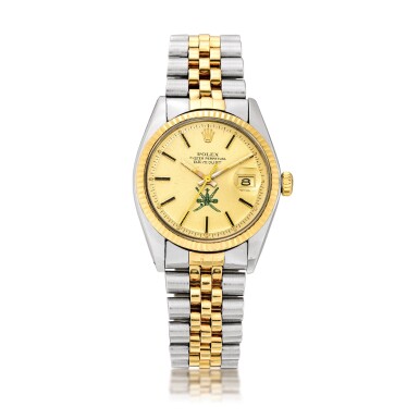 View full screen - View 1 of Lot 2143. Rolex | DateJust, Reference 1601, A yellow gold and stainless steel wristwatch, Made for the Sultanate of Oman, Circa 1977 | 勞力士 | DateJust 型號1601 黃金及精鋼鏈帶腕錶,備日期顯示,為阿曼之蘇丹王而製,約1977年製.