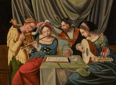 View full screen - View 1 of Lot 12. A concert with a singer, flautist, lutenist and a jester.