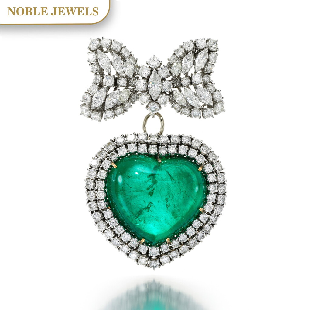 View full screen - View 1 of Lot 154. EMERALD AND DIAMOND BROOCH.