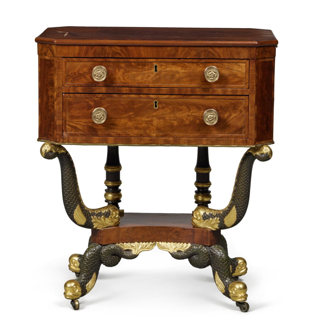 View full screen - View 1 of Lot 163. A Fine and Rare Classical Vert Antique and Parcel-Gilt Figured Mahogany Dolphin-Carved Work Table, attributed to Barzilla Deming and Erastus Bulkley, New York, Circa 1825.