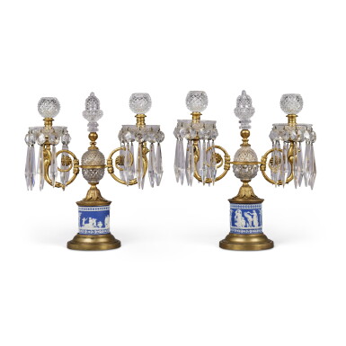 View full screen - View 1 of Lot 523. A Pair of George III Cut-Glass Mounted, Jasperware and Gilt-Metal Two-Light Candelabra, Circa 1800.