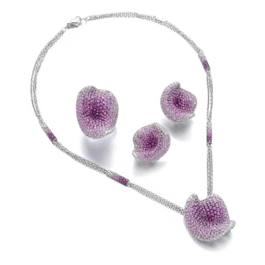 View full screen - View 1 of Lot 30. PINK SAPPHIRE AND DIAMOND PARURE, PALMIERO.