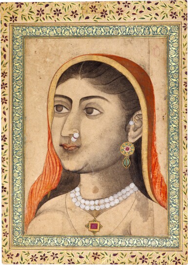 View full screen - View 1 of Lot 48. Portrait of a Lady, calligraphic album page from the Friedrich Sarre Collection, India, Mughal, Lucknow, late 18th century.