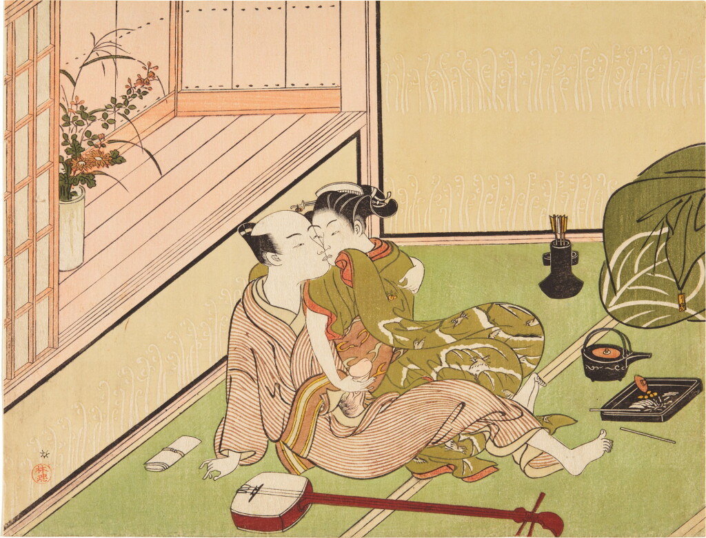 View full screen - View 1 of Lot 4. Suzuki Harunobu (1724-1770) | An amorous couple in the room of a tea-house (cha-ya) | Edo period, 18th century.