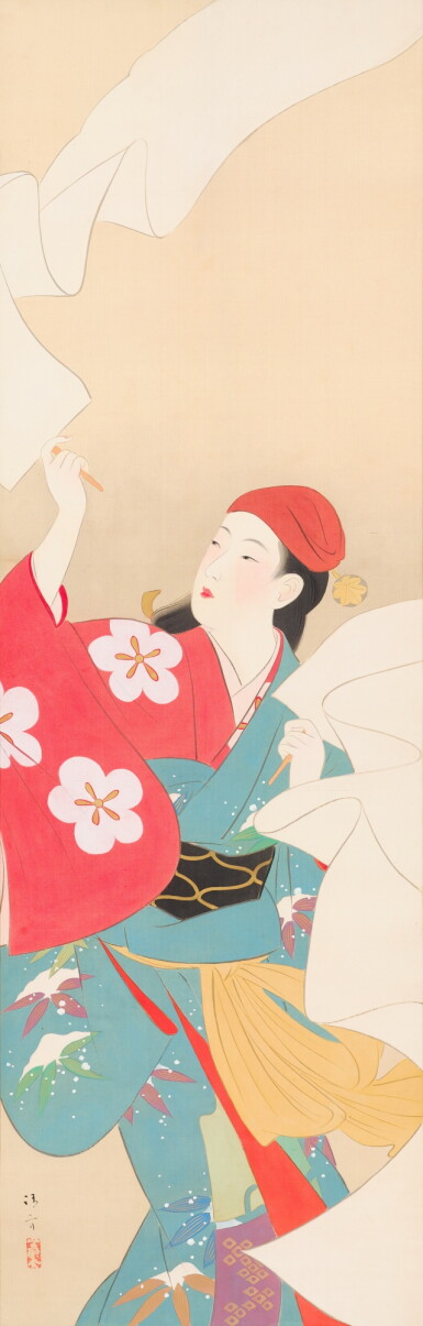 View full screen - View 1 of Lot 2094. Kaburagi Kiyokata (1878-1972), Nunozarashi, Showa period, mid-20th century | 鏑木清方 布晒 昭和21~47年.