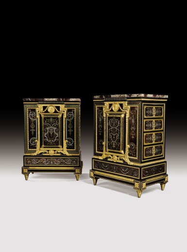 View full screen - View 1 of Lot 130. A pair of Louis XVI style ebony, engraved brass and pewter, tortoiseshell 'Boulle' marquetry meuble d'Appui, by Henri Dasson (1825-1896), Paris, one circa 1875, the other dated 1878.
