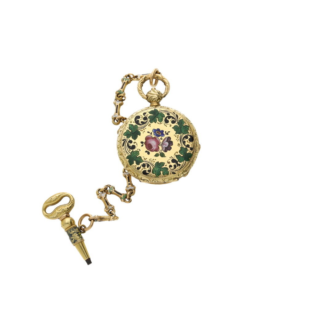 View full screen - View 1 of Lot 113. A yellow gold and enamel open faced miniature watch with short chain and key, Circa 1830.