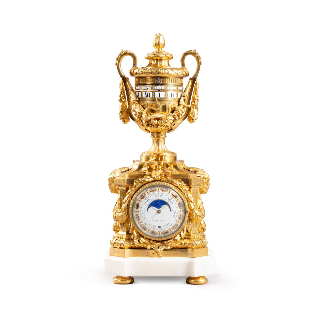 View full screen - View 1 of Lot 648. A Louis XVI striking and astronomical vase clock with revolving chapter rings "pendule à cercles tournants", the clockmaker Claude Mathieu, Paris, the enameller Joseph Coteau, Paris, the dial dated 1774.