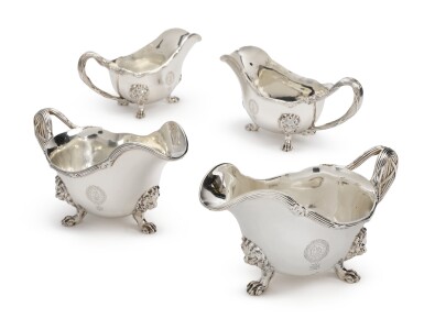 View full screen - View 1 of Lot 269. A SET OF FOUR VICTORIAN SILVER SAUCE BOATS, JOHN S. HUNT, LONDON, 1859.