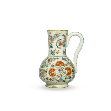 View full screen - View 1 of Lot 75. A Kütahya polychrome pottery jug with carnations, Turkey, 18th century.