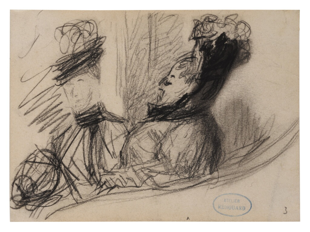 View full screen - View 1 of Lot 281. Three drawings: A) A study of two women, wearing elaborate hats B) Study of a woman in a hat C) Mother and Child.