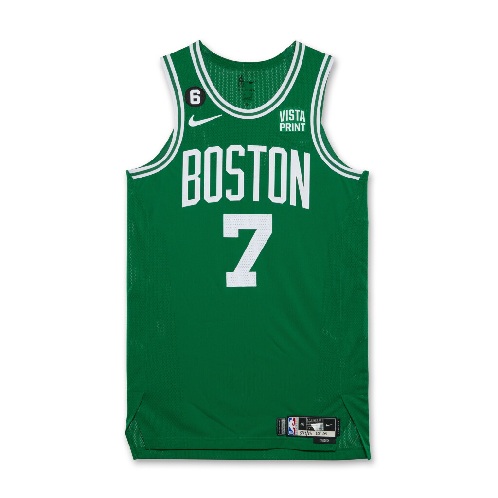 View full screen - View 1 of Lot 16. Jaylen Brown Boston Celtics 2023 NBA Playoffs Eastern Conference Finals Game Worn Icon Edition Jersey | Game 4.