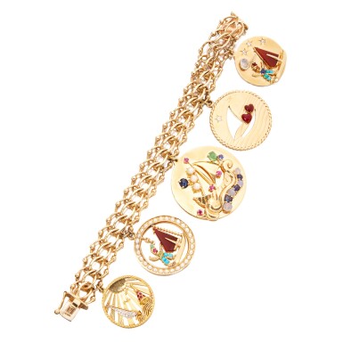 View full screen - View 1 of Lot 393. Gold and Gem-Set Charm Bracelet, One Charm by Cartier, One Charm by Tiffany & Co..