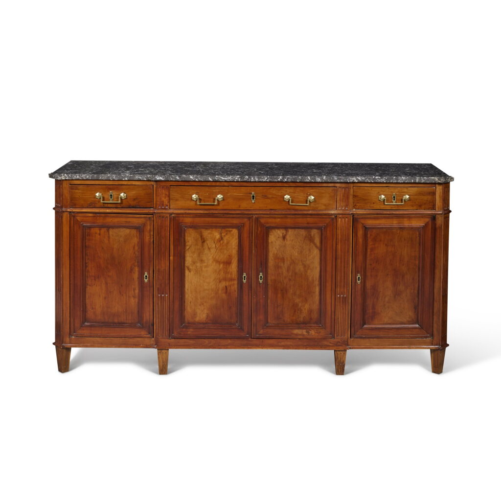 View full screen - View 1 of Lot 265. A Louis XVI Mahogany Buffet with White Veined Grey Marble Top, Circa 1790.