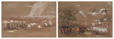 View full screen - View 1 of Lot 1038. WINDSOR: Two watercolors A) From Artillery Encampment, Chobham B) Passage of Virginia Water, Camp Chobham.