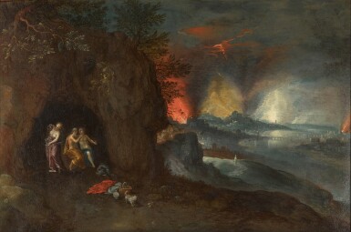 View full screen - View 1 of Lot 122. Lot with his daughters, Sodom and Gomorrah burning in the distance.